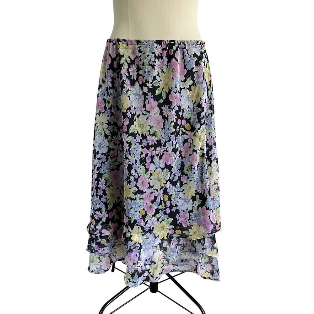 Vtg Y2K 2000s Floral Ruffle Hem Maxi Skirt Sz L Cottagecore Fairy
